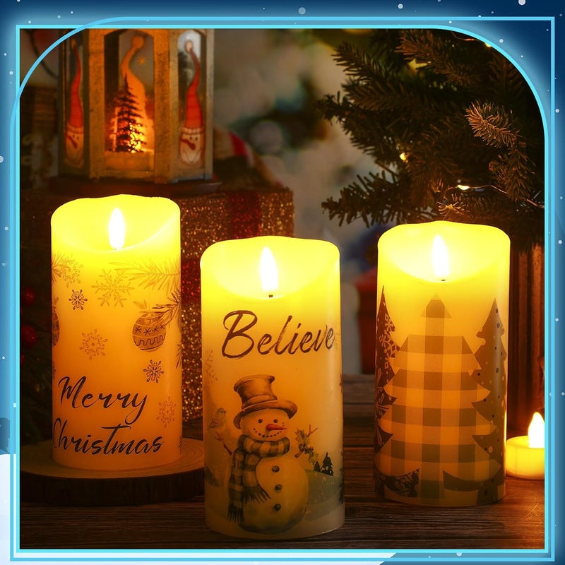 ROCEEI Store 3 Pcs Christmas Snowflake Style Candles Battery Operated LED Candles Winter Christmas Snowflake Style Pillar Flickering Real Wax Decorations for Indoor Table Decor Xmas Gifts Holiday Party - Image 4